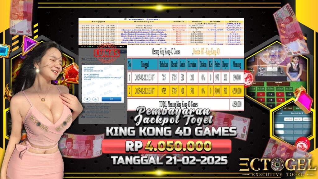 BUKTI JACKPOT TOGEL KING KONG 4D GAMES TERPERCAYA DI INDONESIA TGL 21-02-2025