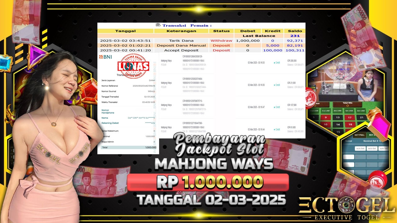 BUKTI JACKPOT SLOT MAHJONG WAYS TERPERCAYA DI INDONESIA TGL 02-03-2025