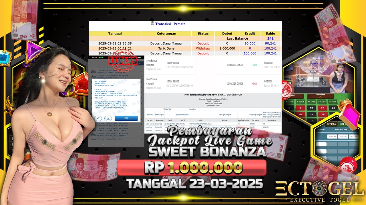 BUKTI JACKPOT LIVE GAME SWEET BONANZA CANDYLAND TERPERCAYA DI INDONESIA TGL 23-03-2025